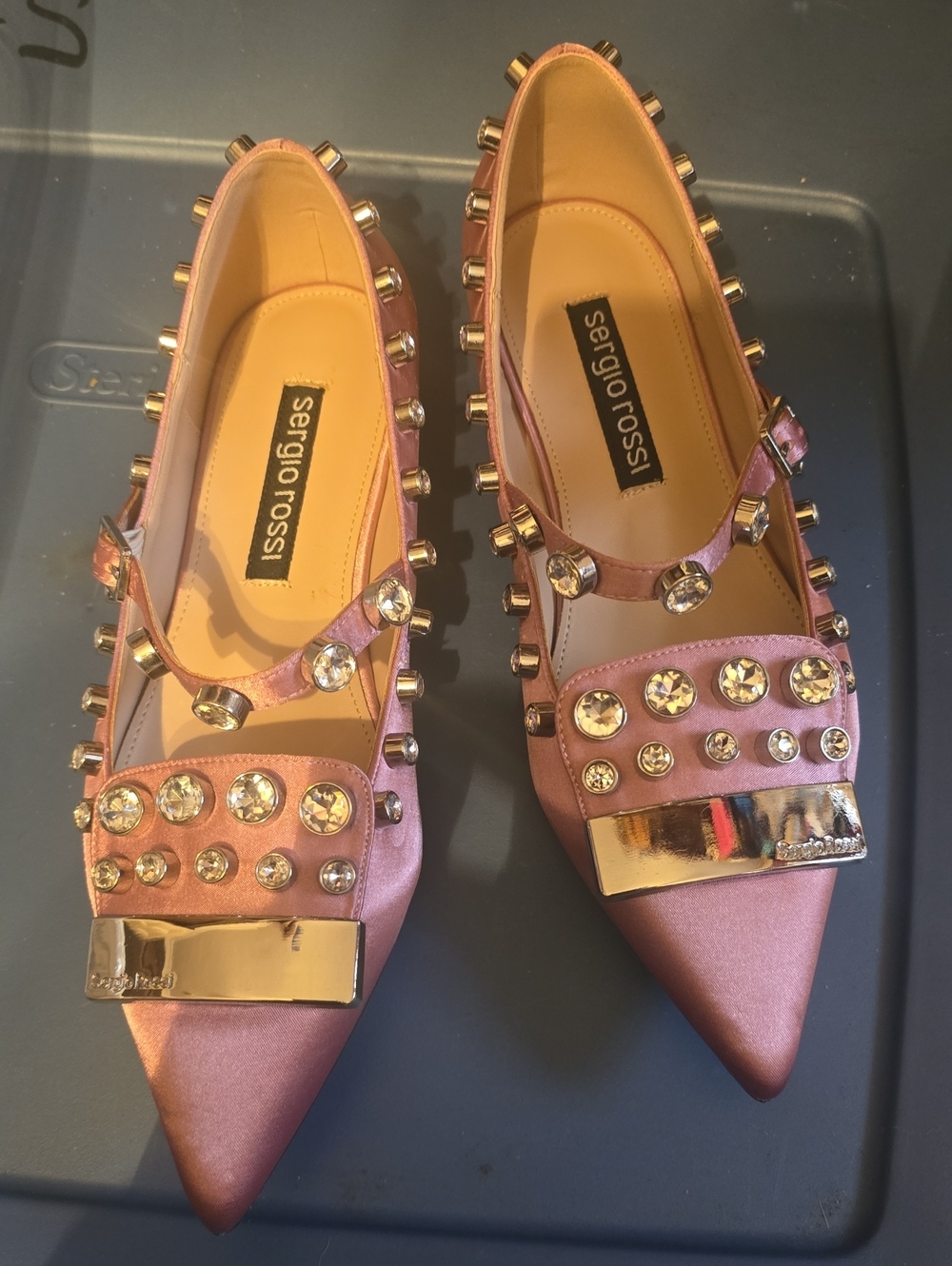 Sergio Rossi Rose-Pink Crystal-Studded Pointed Mary Jane Flats